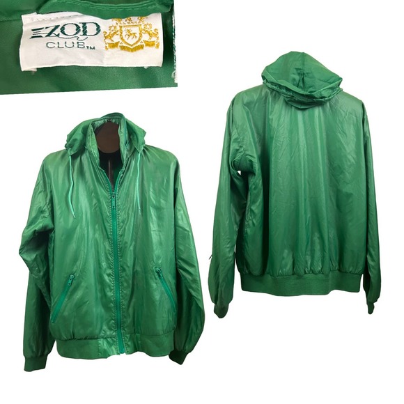 1980s Izod Nylon Wet Look Zip Up Hoodie Windbreaker Jacket / Men’s Large * - Picture 1 of 4
